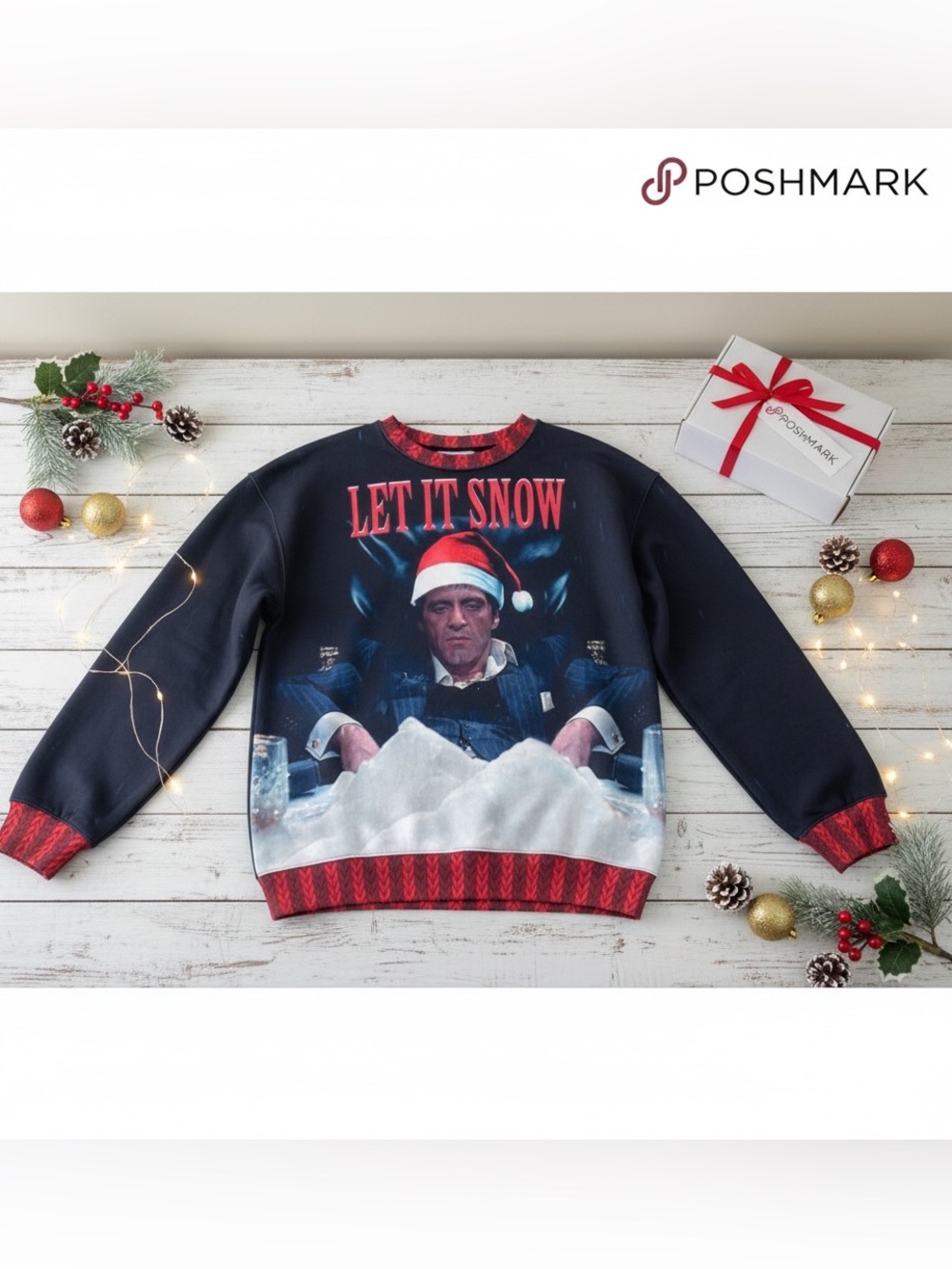 Let It Snow Scarface Tony Montana Christmas Sweatshirt Small